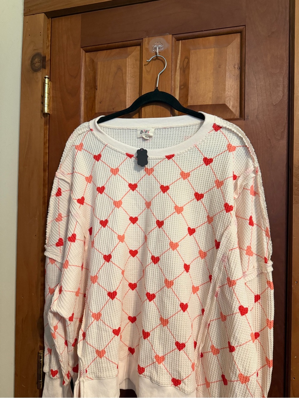 BiBi Cream Waffle Knit Sweater with Red and Pink Heart Grid